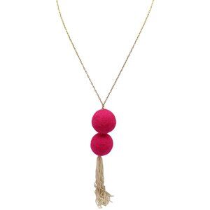 YOCHI NY Hot Pink Felted Pom Pom Tassel Long Gold Tone Pendant Necklace Quirky